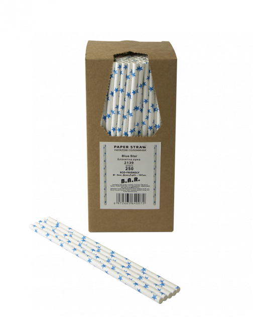 Паперова Трубочка B. A. R. 197x6 мм, 250 шт. Блакитна зірка (2139)